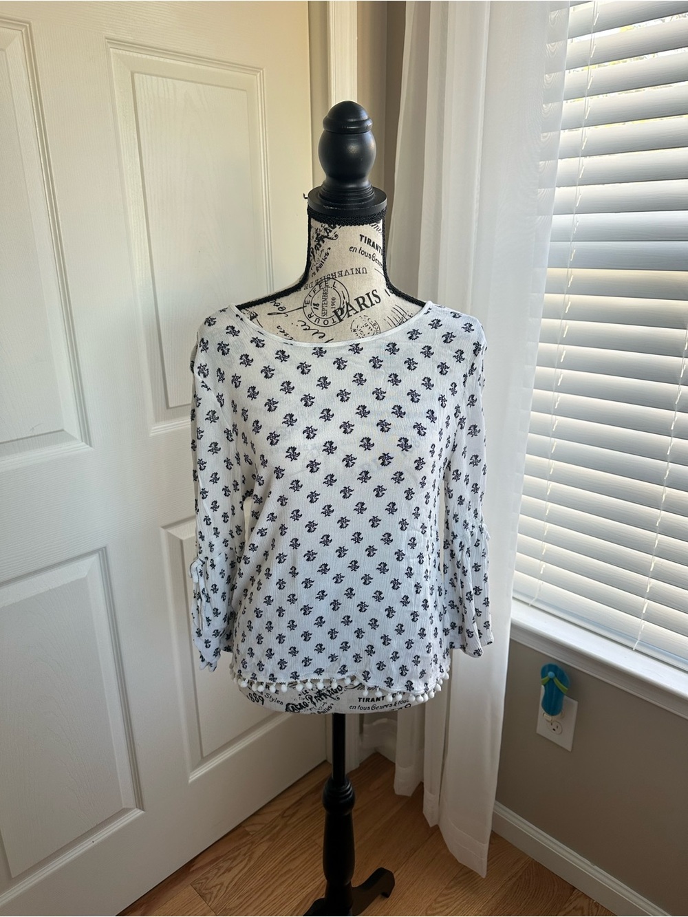 Aeropostale White Blouse with Blue Pattern & Pompom Detail